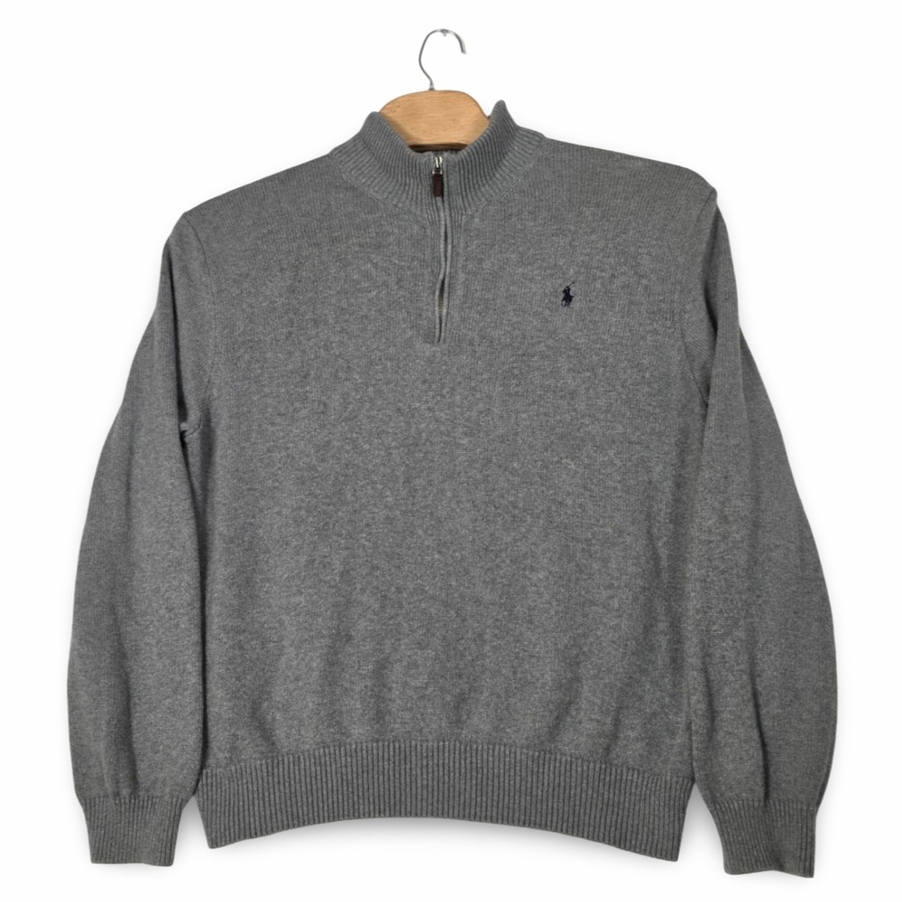 Polo Ralph Lauren Mens XXL Grey Quarter Zip Cotton Knit Pullover Sweater Top Y2K
